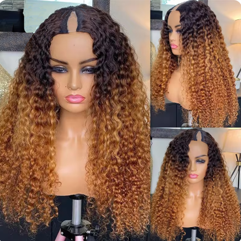 Ombre Colored V/U Part Wig Human Hair Glueless Curly Full Machine Wigs For Black Women