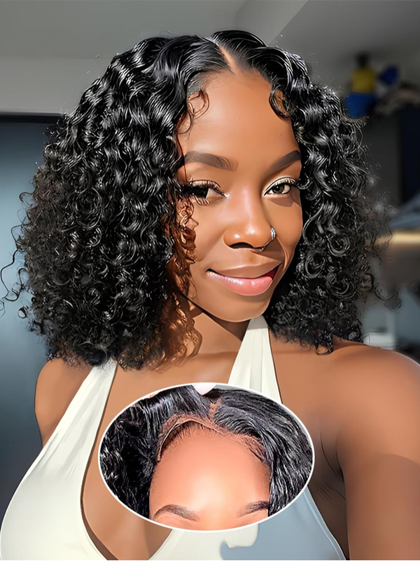 #1 Jet Black 13×6 Full Lace Curly Short Bob Human Hair Wigs For Women