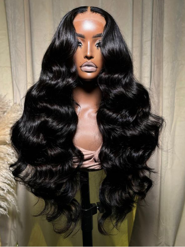 #1 Jet Black Raw Hair Super Double Drawn 13×6 Body Wave Full Lace Frontal Human Hair Wigs 250% Density