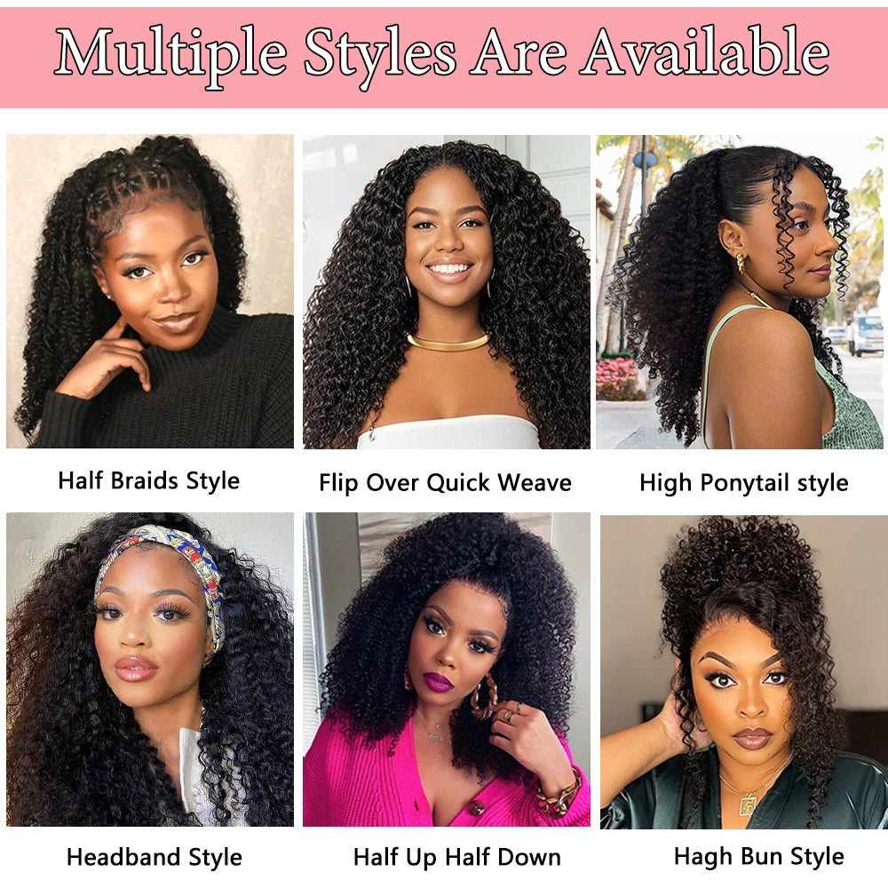 3-In-1 Half Wig Kinky Curly Glueless Flexi-Fit Drawstring Wig Beginner Friendly