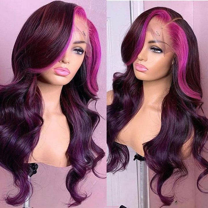 Side Part Highlight Money Piece Pink Purple Human Hair Body Wave Wig - sterlyhair