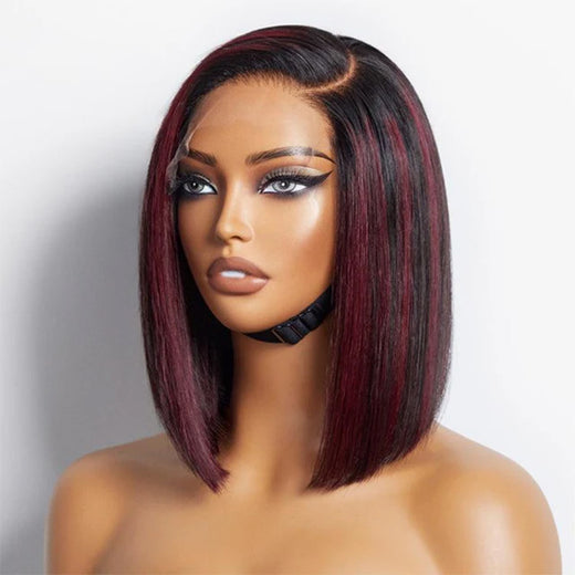 Sterly Dark Red Highlights Silky Blunt Cut Straight Bob Wig - sterlyhair