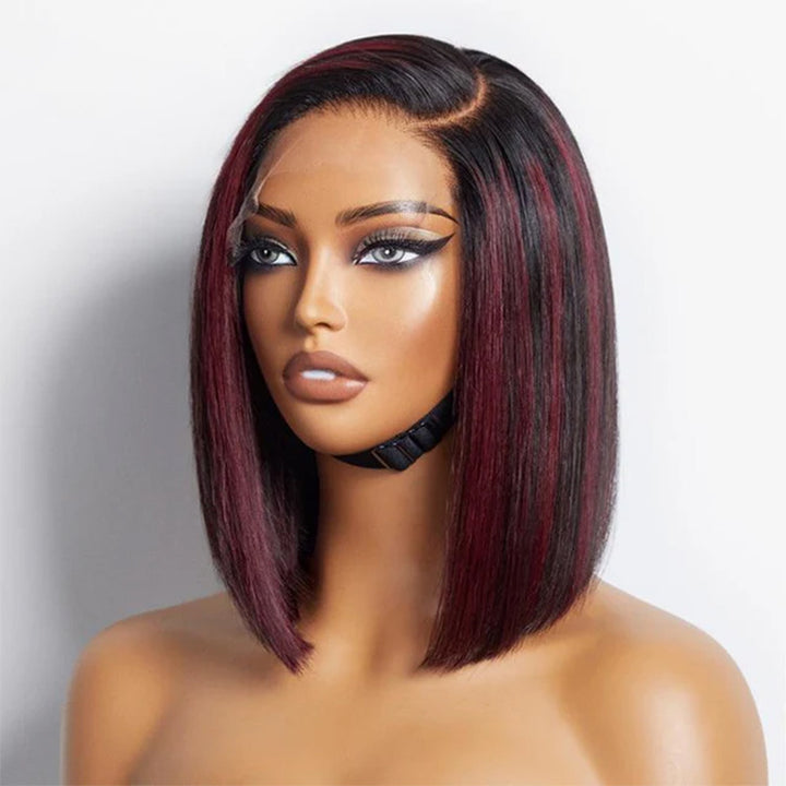 Sterly Dark Red Highlights Silky Blunt Cut Straight Bob Wig - sterlyhair