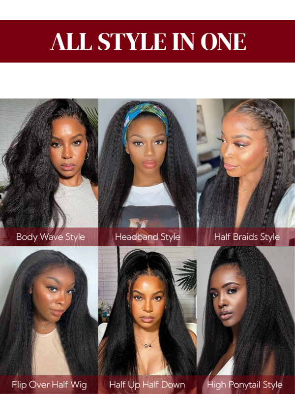 3-In-1 Half Wig Kinky Straight Glueless Flexi-Fit Drawstring Wig Beginner Friendly - sterlyhair