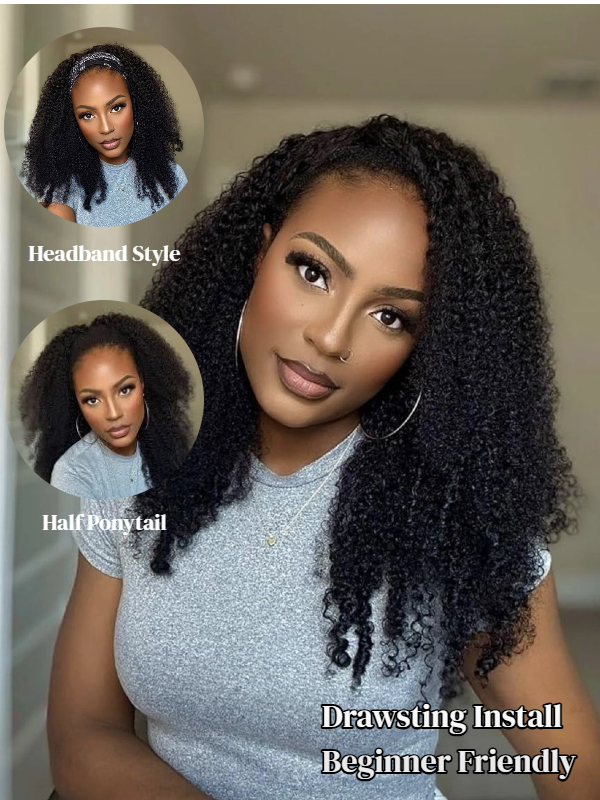 3-In-1 Half Wig Kinky Curly Glueless Flexi-Fit Drawstring Wig Beginner Friendly - sterlyhair