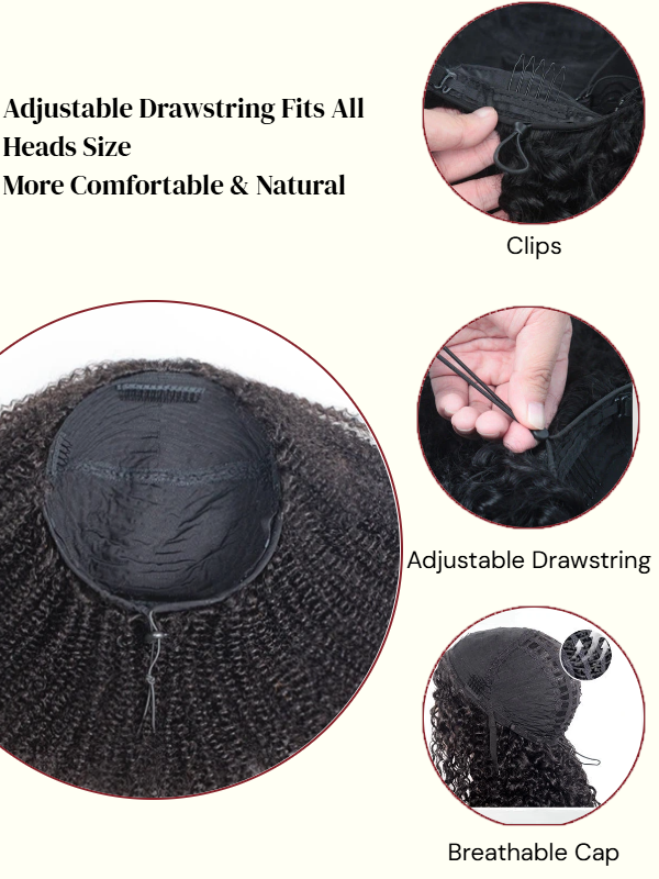 Afro Kinky Curly 3-In-1 Half Wig Glueless Flexi-Fit Drawstring Wig Beginner Friendly