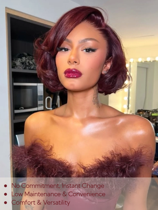 Pixie Cut Short Wigs Burgundy Wig Loose Body Hair Glueless Wig
