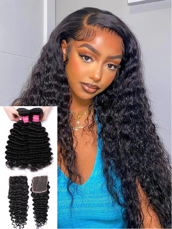 12A Bundles With Closure | Closure 4x4 with 3 Bundles Deep Wave With Baby Hair - sterlyhair
