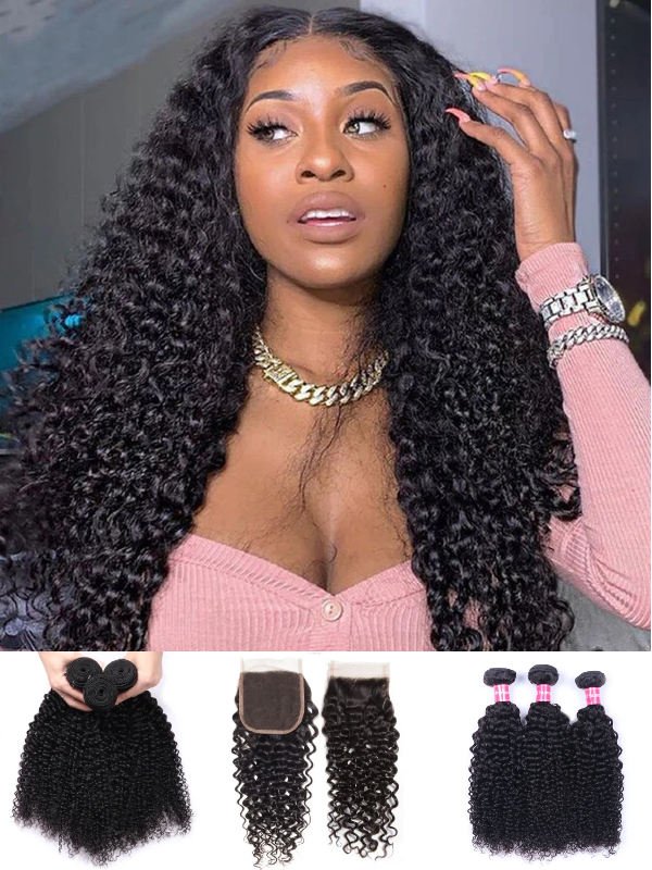 12A Bundles With Closure | Deep Curly 3 Bundles with 4×4 Lace Closure 100% Human Virgin Hair - sterlyhair