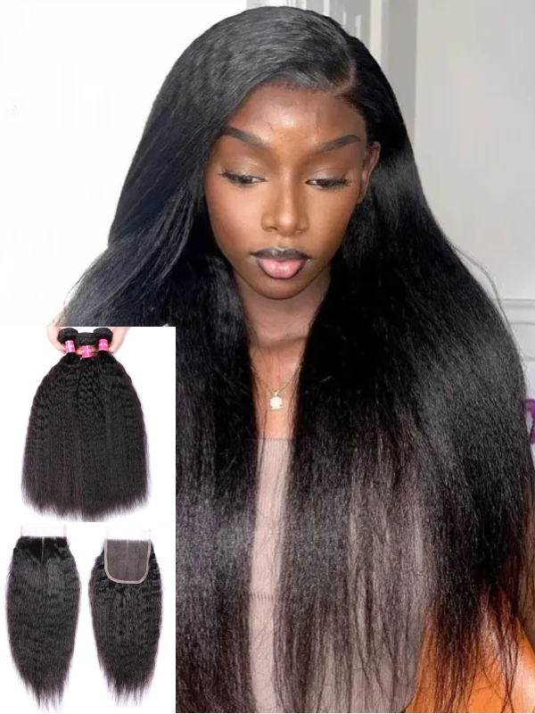 12A Bundles With Closure | Kinky Straight Hair 3 Bundles with 4×4 Lace Closure Human Hair Natural Color - sterlyhair