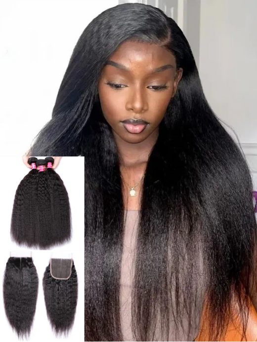 12A Bundles With Closure | Kinky Straight Hair 3 Bundles with 4×4 Lace Closure Human Hair Natural Color - sterlyhair