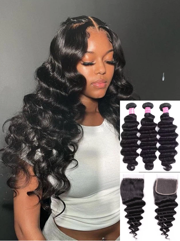 12A Bundles With Closure | Loose Deep Wave Virgin Hair 3 Bundles with 4×4 Lace Closure Hand-tied - sterlyhair