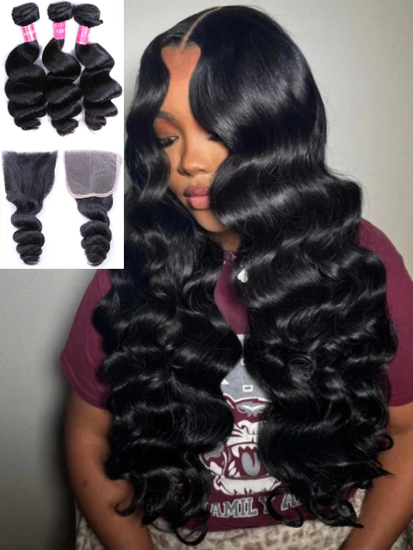 12A Bundles With Closure | 3 Bundles Loose Wave Virgin Hair with 4×4 Transparent Lace Closure - sterlyhair