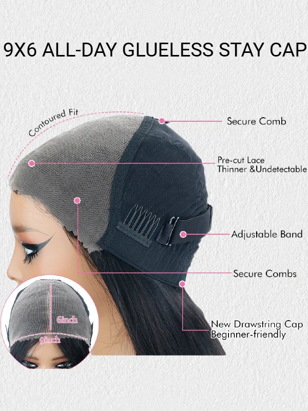 Parting Max 9x6 Glueless Wig #1 Jet Black Straight Hair Wig New Drawsting Cap Pre Plucked & Bleached Ready to Go