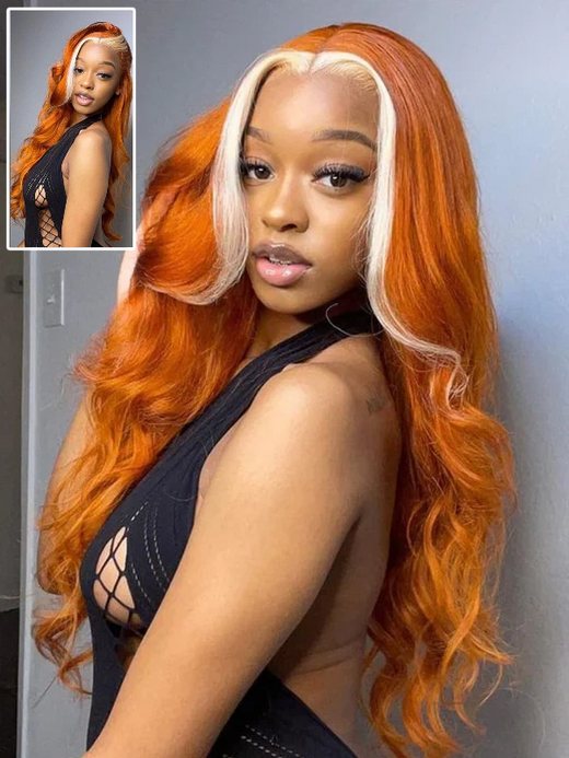 Sterly Ginger with Blonde Skunk Stripe Transparent Lace Body Wave Frontal Wig Blonde Magic - sterlyhair