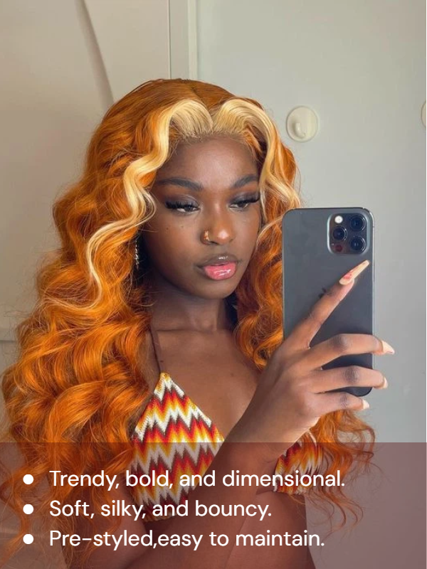 Sterly Ginger with Blonde Skunk Stripe Transparent Lace Body Wave Frontal Wig Blonde Magic - sterlyhair