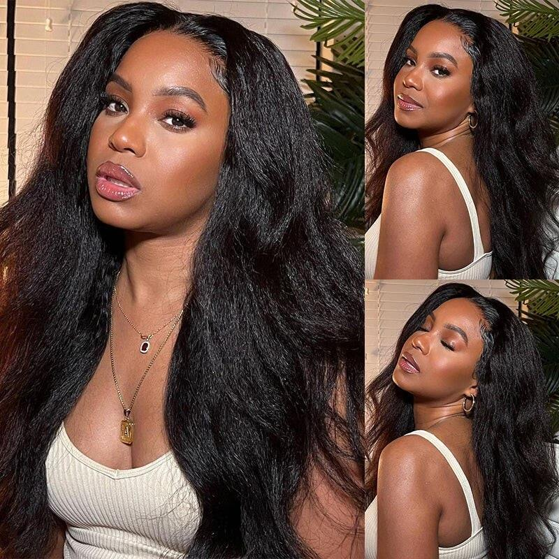 𝐍𝐄𝐖 ✅ V Part Kinky Straight Human Hair Wigs Protective Style Wigs No Lace No Gel  Left Side / Right Side / Middle Part