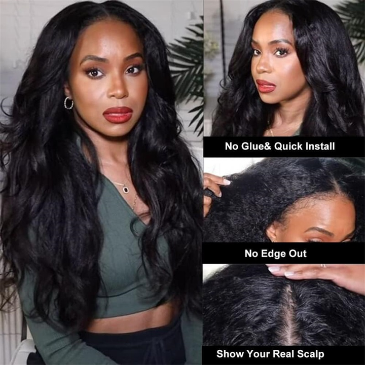 New Updated V Part Kinky Straight Human Hair Wigs Protective Style Wigs No Lace No Gel - sterlyhair