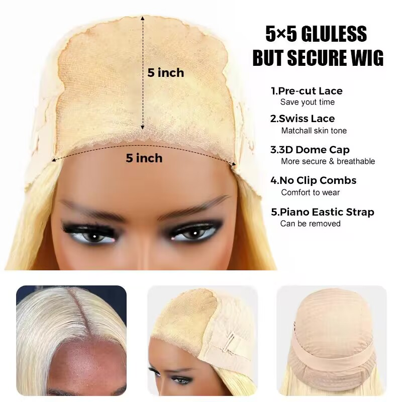 Pre-Cut Lace Glueless Blonde 5×5 Closure Wig Human Hair 250% Density Body Wave / Straight Hair