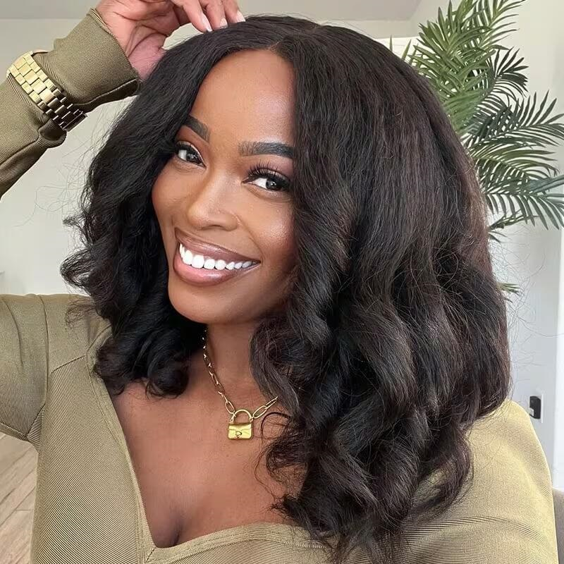 𝐍𝐄𝐖 ✅ V Part Kinky Straight Human Hair Wigs Protective Style Wigs No Lace No Gel  Left Side / Right Side / Middle Part