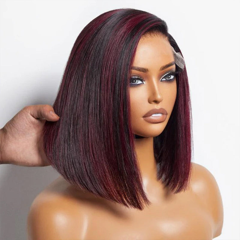 Sterly Dark Red Highlights Silky Blunt Cut Straight Bob Wig