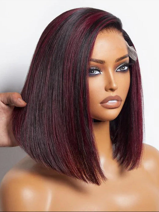 Sterly Dark Red Highlights Silky Blunt Cut Straight Bob Wig - sterlyhair