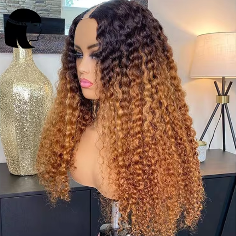 Ombre Colored V/U Part Wig Human Hair Glueless Curly Full Machine Wigs For Black Women