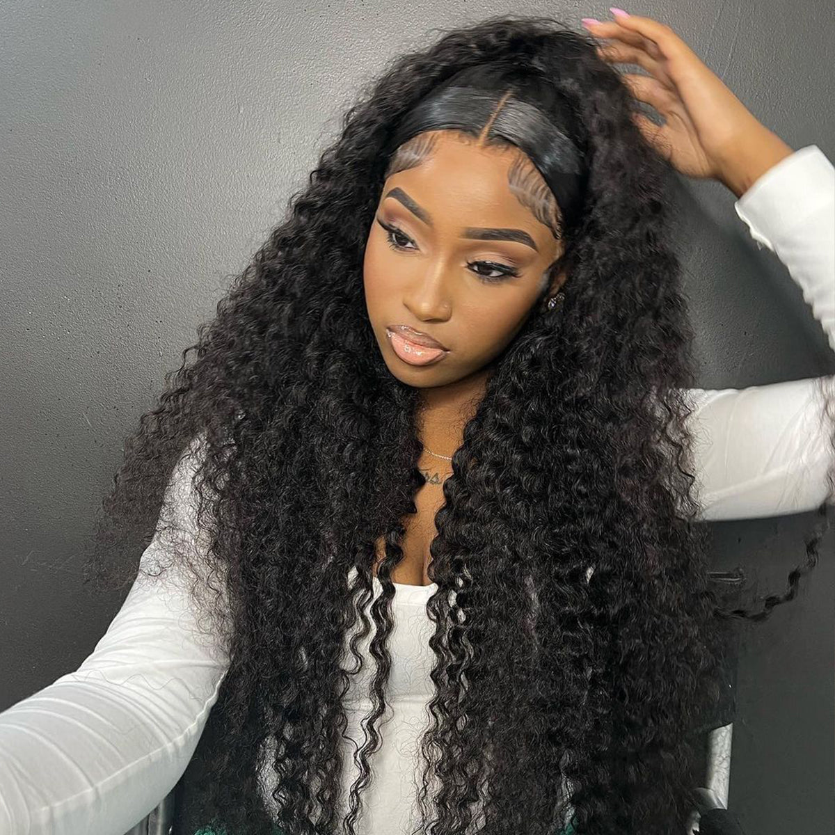 #1 Jet Black Glueless 7x6 Curly Wave Wig HD Lace Front With Invisi- Drawstrings