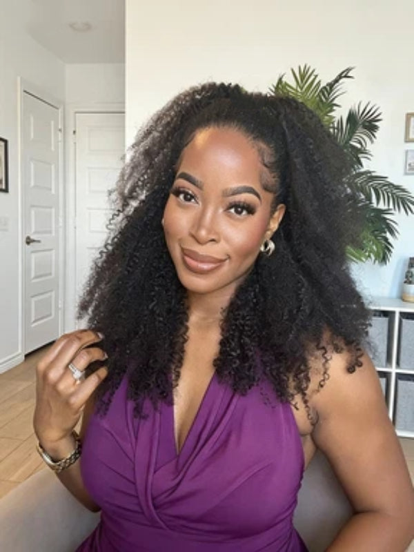Afro Kinky Curly 3-In-1 Half Wig Glueless Flexi-Fit Drawstring Wig Beginner Friendly