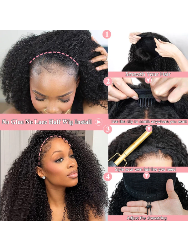 TikTok Hot | 3-In-1 Half Wig Kinky Curly Glueless Flexi-Fit Drawstring Wig Beginner Friendly