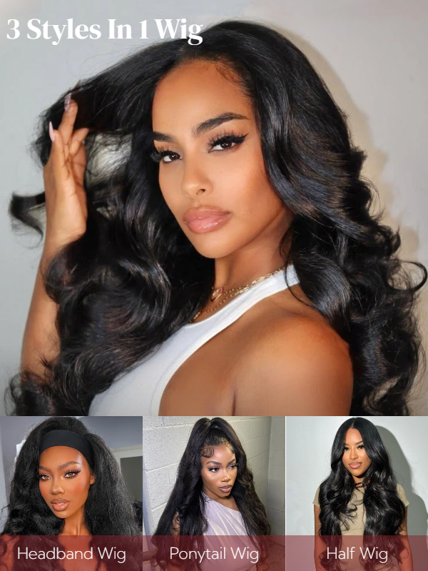 3-In-1 Half Wig Yaki Body/Yaki Straight Glueless Flexi-Fit Drawstring Wig Beginner Friendly - sterlyhair