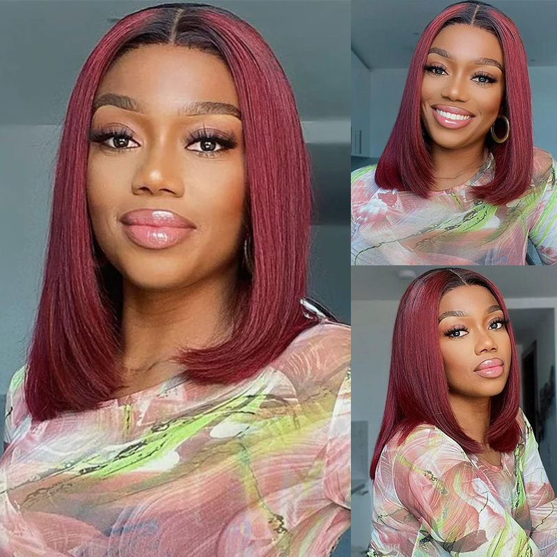 Sterly 1B/99J Burgundy Ombre 13x6 Lace Front Wig Straight Human Hair Bob Wigs - sterlyhair