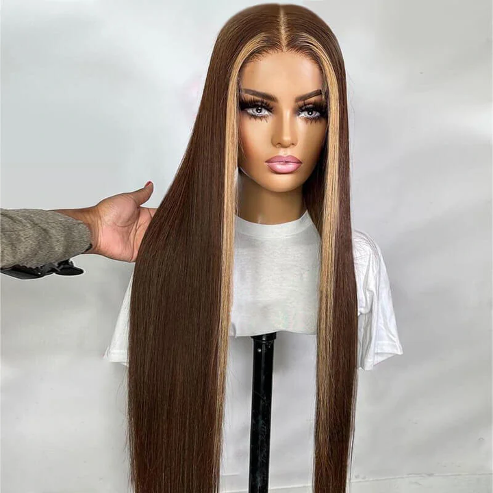Sterly Hair Honey Blonde &amp; Brown Skunk Stripe Highlight Wigs Straight Lace Front Wig - sterlyhair