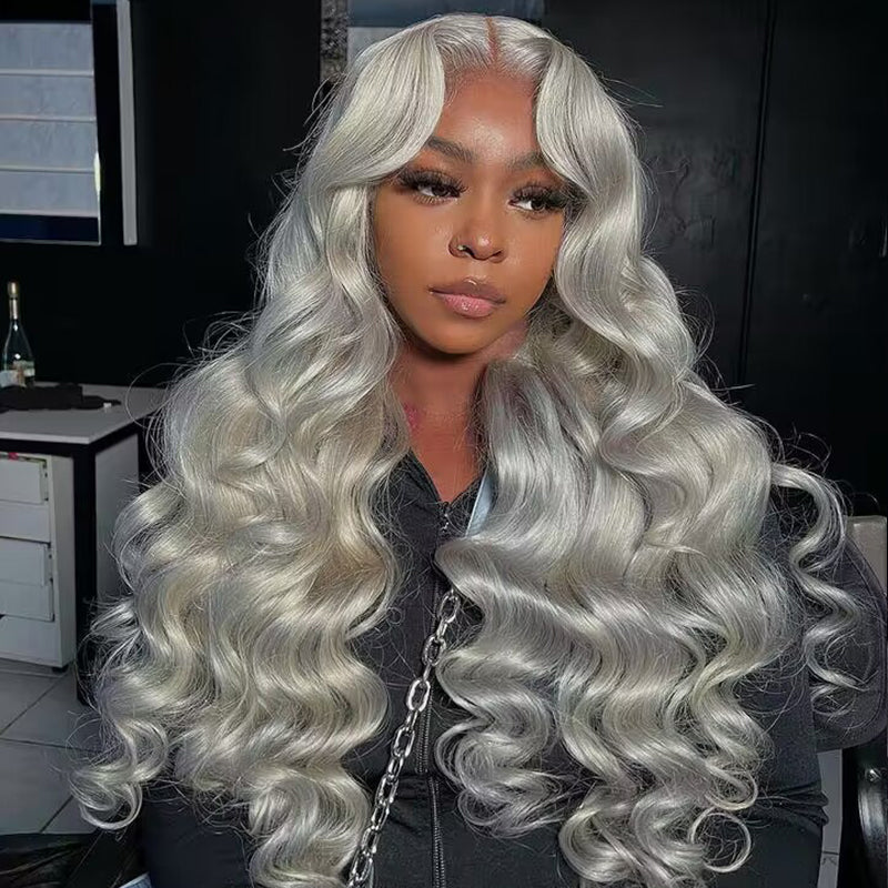 Sterly Grey Long body wave 4×4 13×4 Frontal Lace Wig Colored Human Hair Wigs