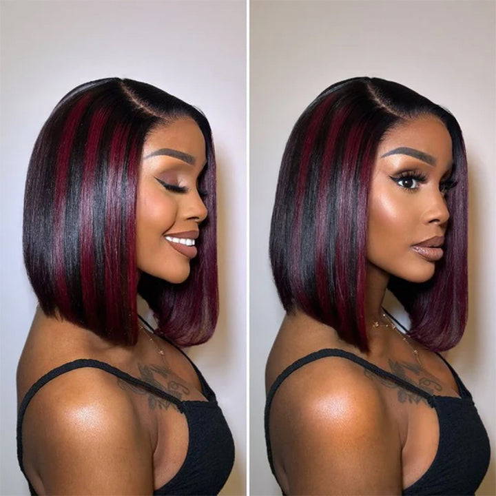 Sterly Dark Red Highlights Silky Blunt Cut Straight Bob Wig - sterlyhair