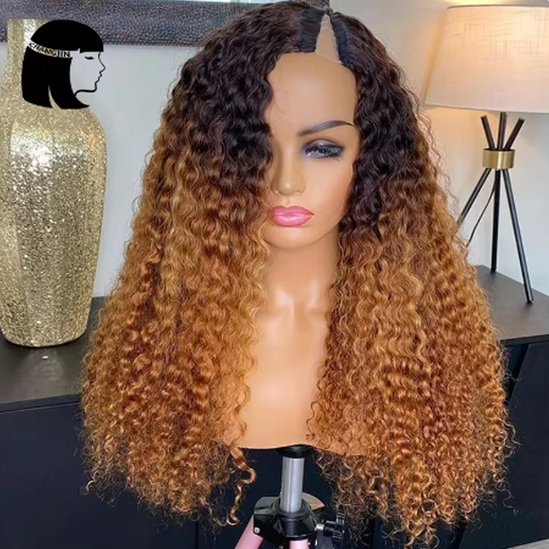 Ombre Colored V/U Part Wig Human Hair Glueless Curly Full Machine Wigs For Black Women