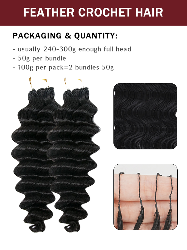 Sterly Hair Deep Wave Feather Crochet Human Hair Extension Human Hair(1 Pack-2 Bundle 50g)