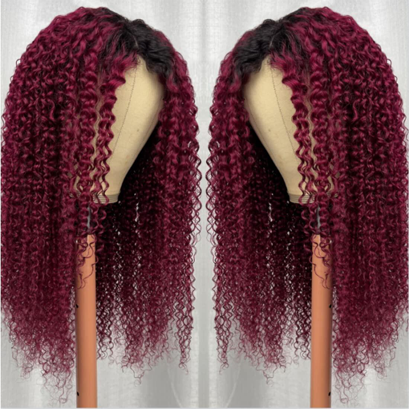 𝐍𝐄𝐖 ✅T1B/99J Ombre Burgundy V/U Part Wig Human Hair No Leave Out Curly Human Hair Wigs