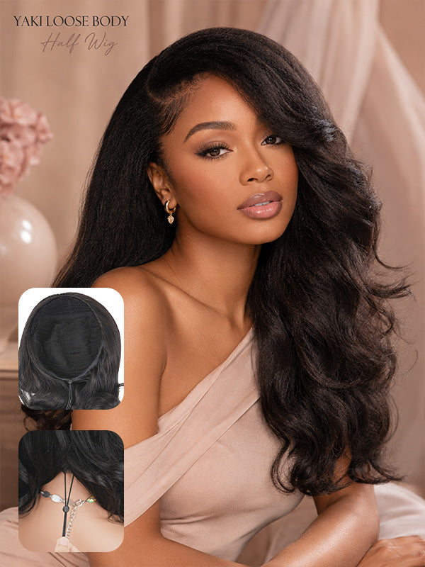 3 in 1 Half Wig Yaki Loose Body Wig Glueless Flexi Fit Drawstring Wig