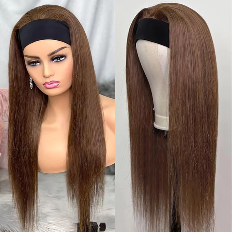 #4 Chocolate Brown Headband Wig Straight Human Hair Wigs Sterly Headband Wig With Scarf 250% density