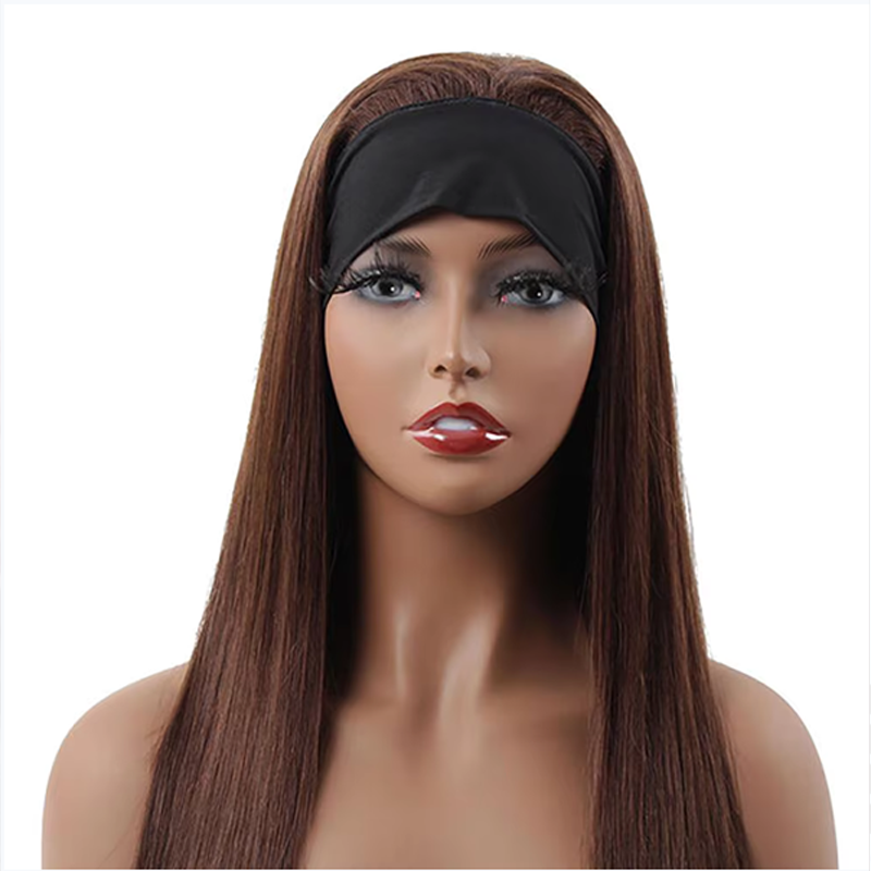 #4 Chocolate Brown Headband Wig Straight Human Hair Wigs Sterly Headband Wig With Scarf 250% density