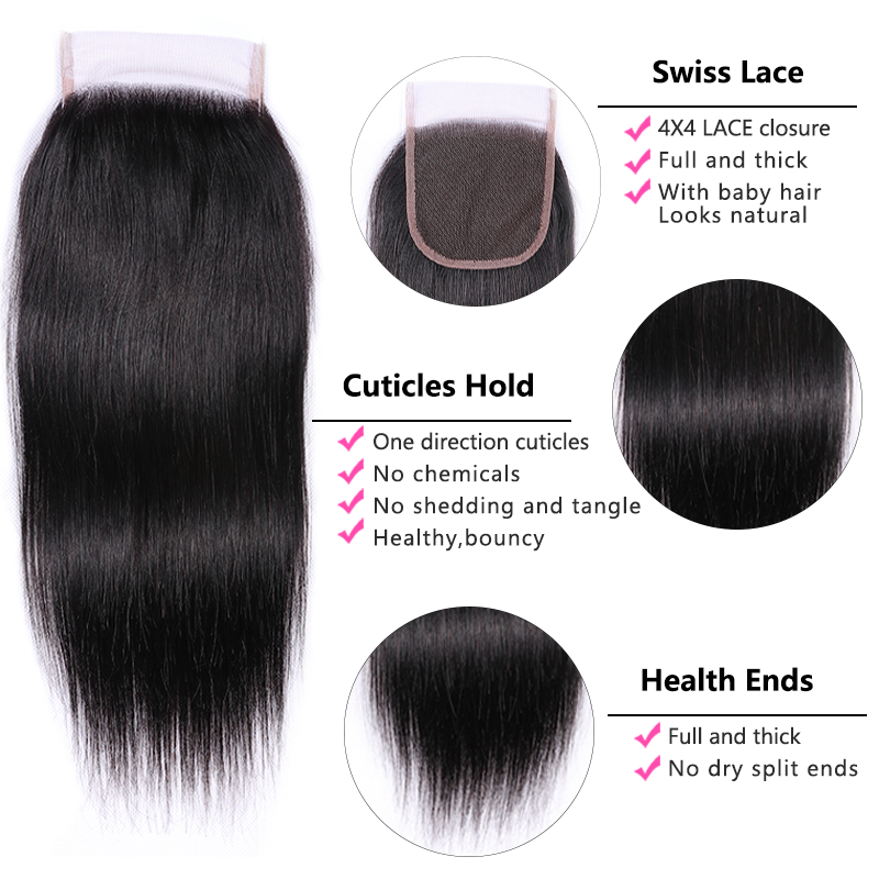 Sterly Raw Hair Straight Human Hair Weave 3 Bundles With 4×4 Lace Closure
