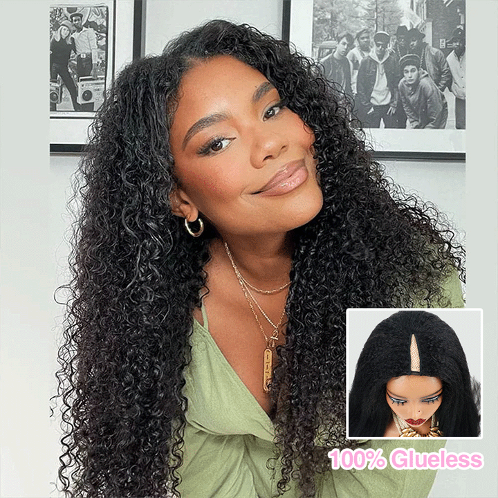 New Drawstring V Part Curly Wig No Leave Out And No Sew In Human Hair Wigs - sterlyhair
