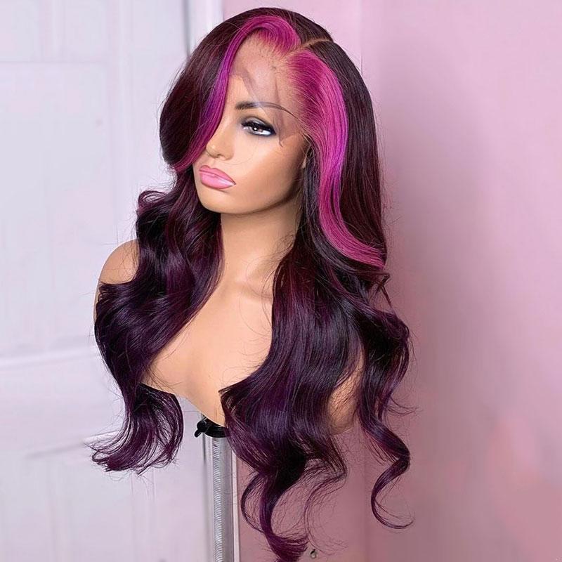 Side Part Highlight Money Piece Pink Purple Human Hair Body Wave Wig