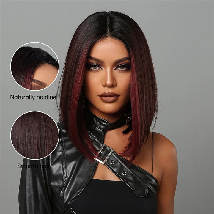 Sterly Dark Red Highlights Silky Blunt Cut Straight Bob Wig - sterlyhair