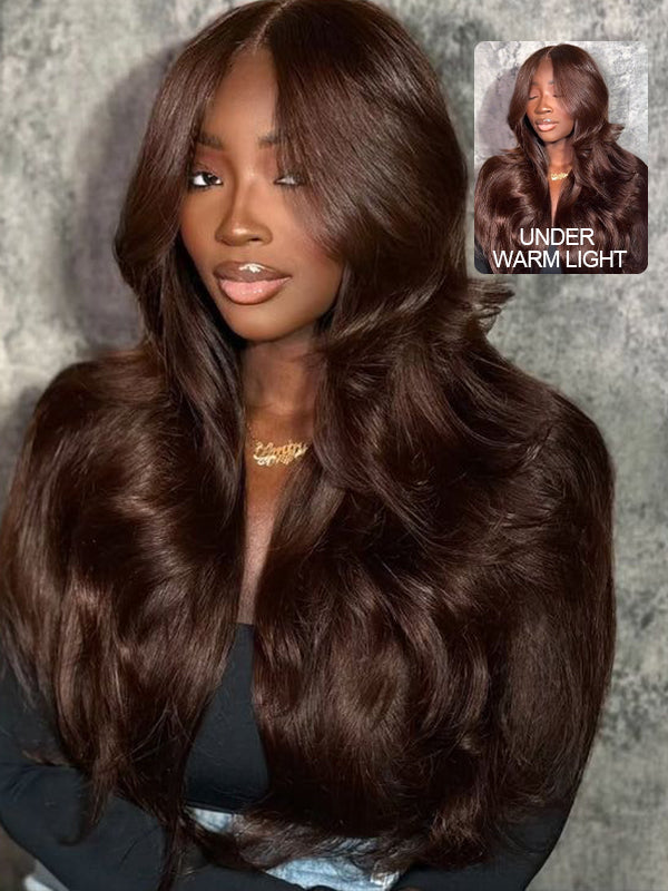 #4 Chocolate Brown Layered Cut Human Hair Wig Salon Styled 13x6 Lace Frontal Wigs Sterly Hair - sterlyhair