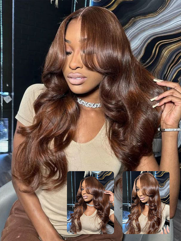 #4 Chocolate Brown Layered Cut Human Hair Wig Salon Styled 13x6 Lace Frontal Wigs Sterly Hair