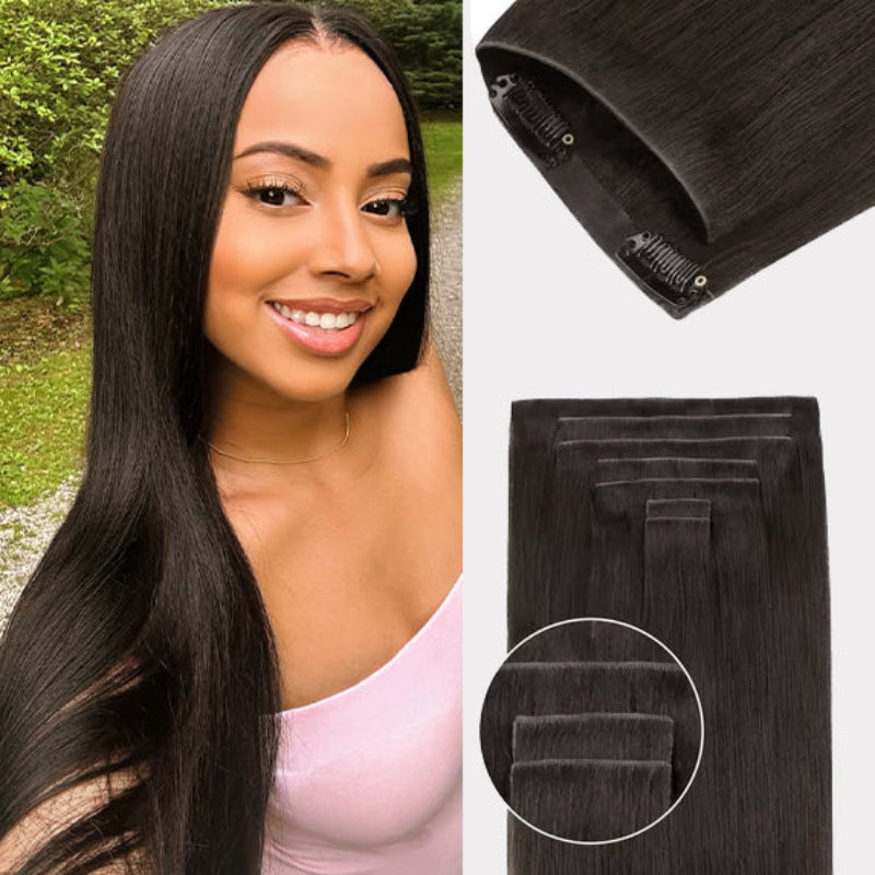 Raw Hair Clip In | Silky Straight Invisi Edge Clip in Hair Extensions For Black Women 8pcs With 18 Clips