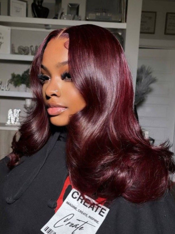 Layered Cut Wine Burgundy Loose Body Wave Short Bob Wig Human Hair Wigs Sterly Hair