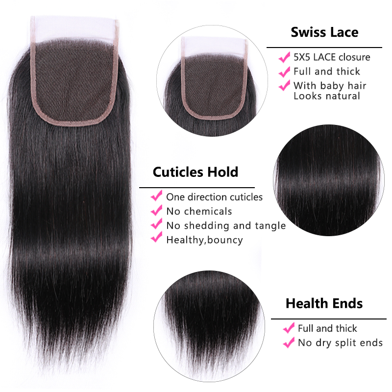 8inch-32inch Straight Human Hair Bundles with 5x5 Lace Closure